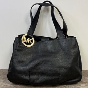 Michael Kors Black Pebbled Leather Tote with Gold MK Medallion